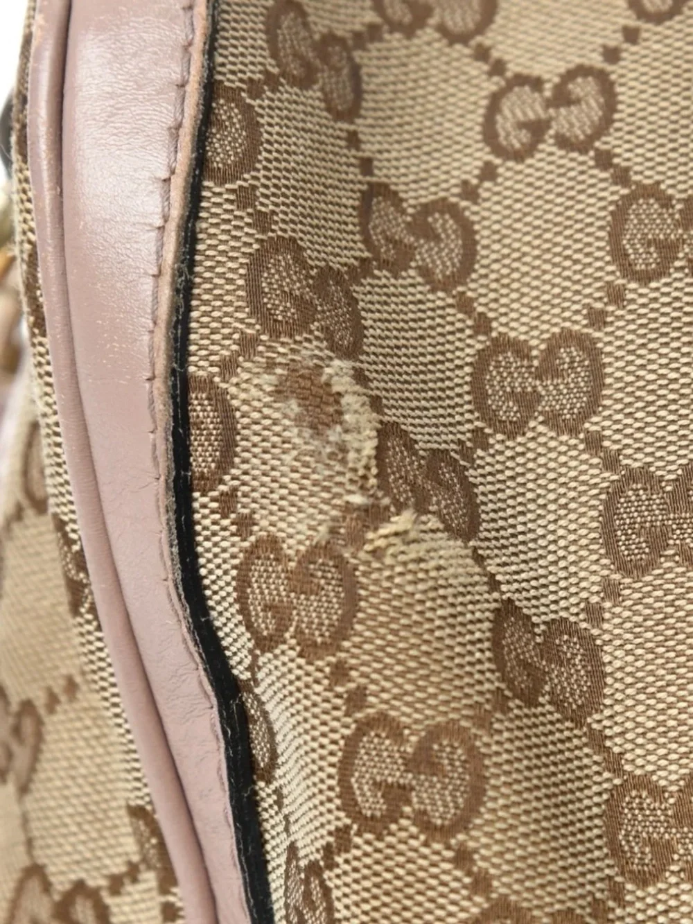 Gucci Beige Monogram Satchel with Pink and Blue Stripes